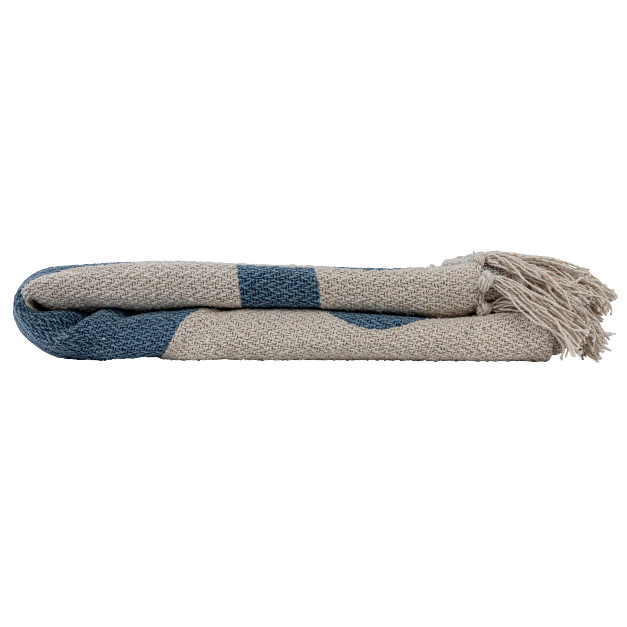 Hello Honey® Blue & Beige Abstract Design Printed Woven Reclaimed Cotton Blend Throw Sheet with Fringe